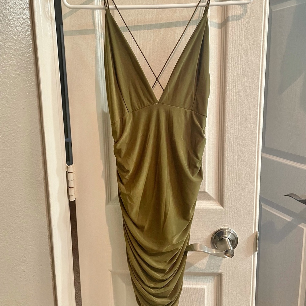Olive Green Rouched Slink Mini Dress - Size 2